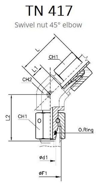 TN417 Поворотный адаптер 45° (штуцер труба-с регулируемой гайкой) с O-Ring уплотнением